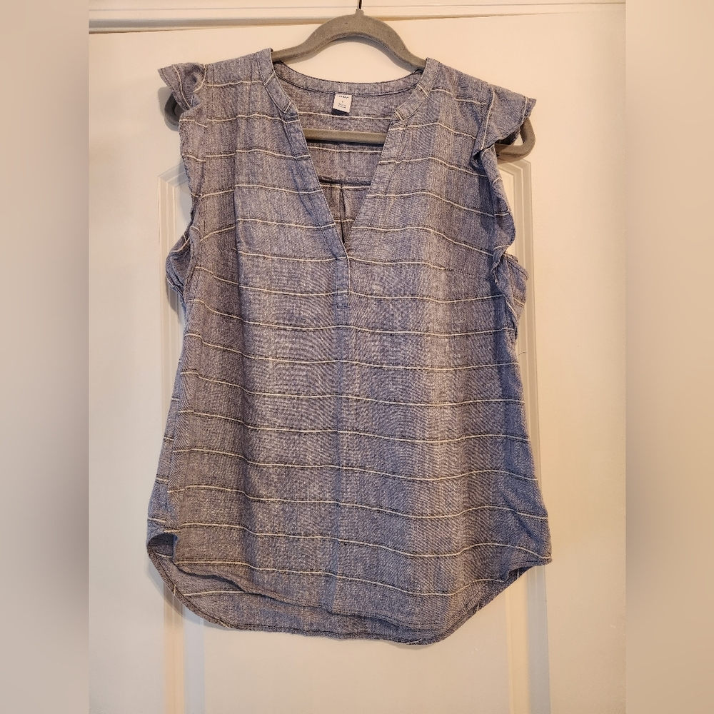 Blue striped tank with ruffle detail